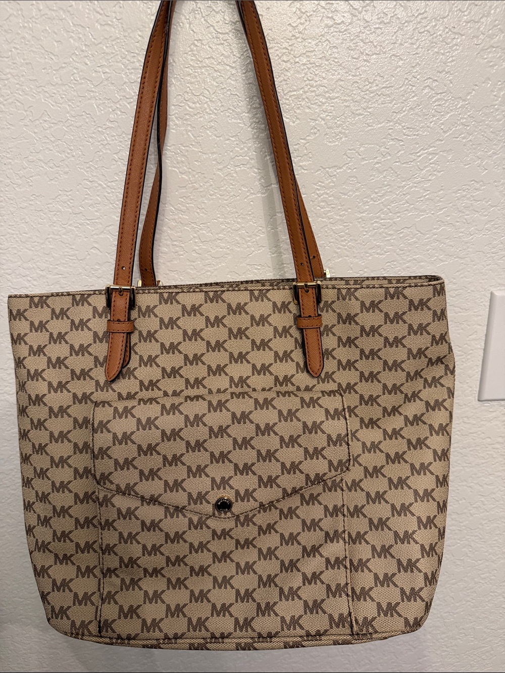 Michael Kors Tan/Beige MK Logo Tote with Brown Leather Straps